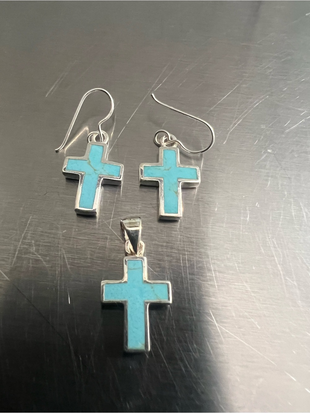 Sterling Silver Turquoise Cross Pendant and Earrings